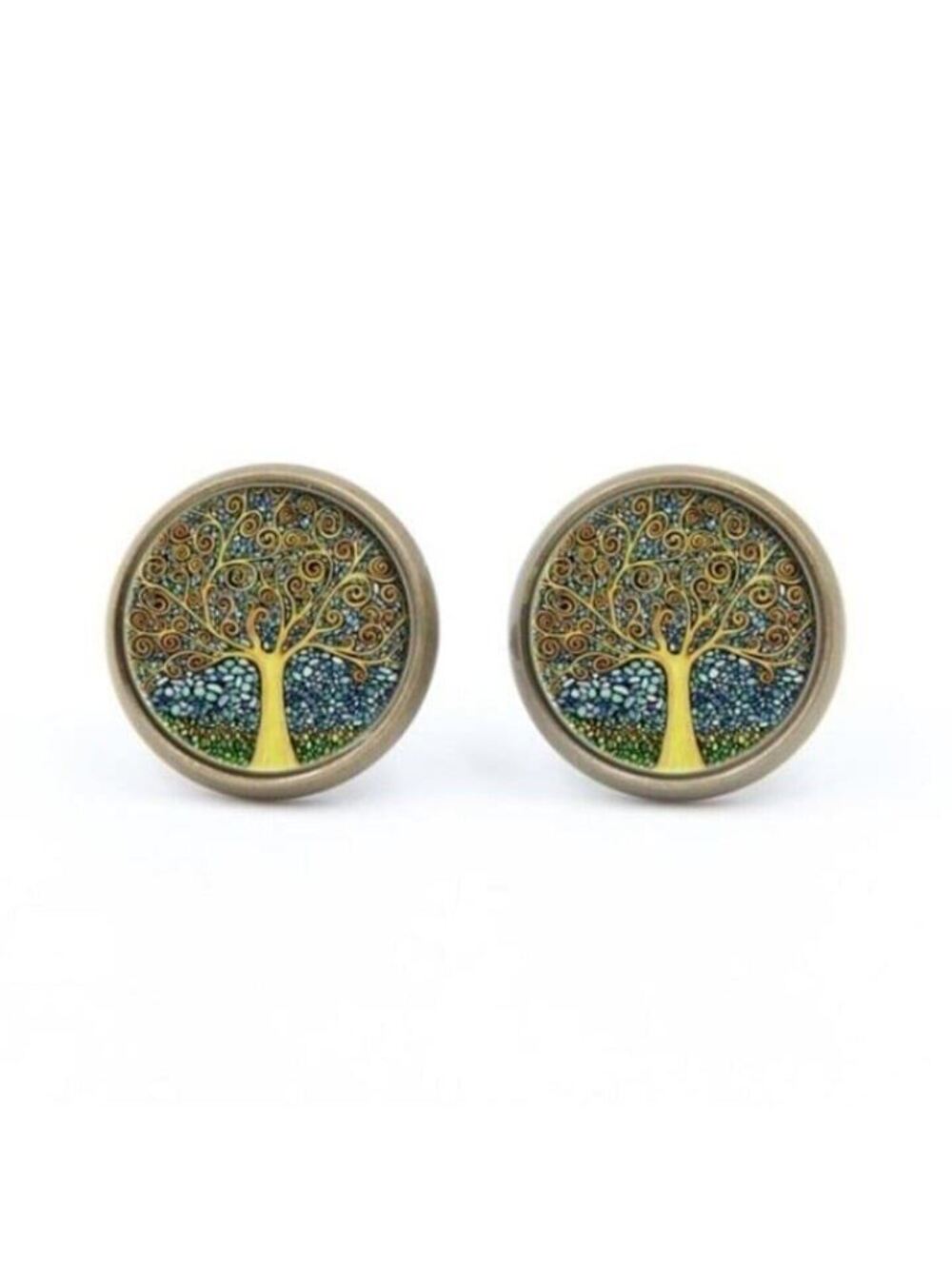 Golden Tree of Life Painting Glass Cabochon Round Antique Bronze Stud Earrings